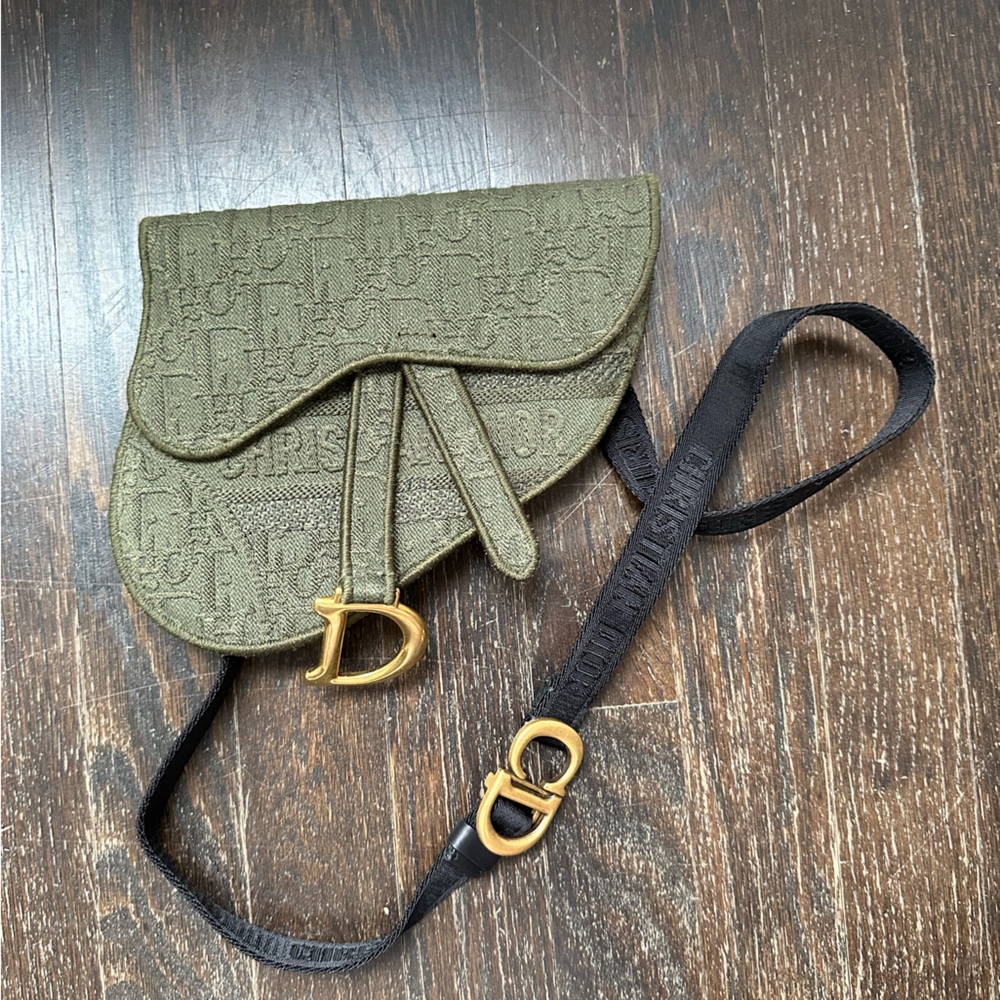 Dior Saddle Belt Bag in Dark Green Oblique Embroidery Canvas and Gold Hardware